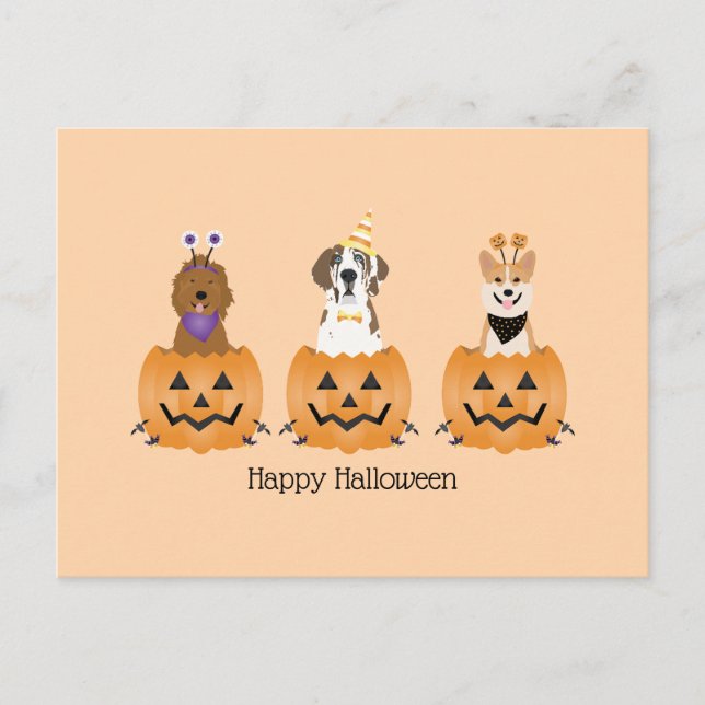 Cartão Postal Feliz Cachorros De Halloween Em Pumpkins (Frente)