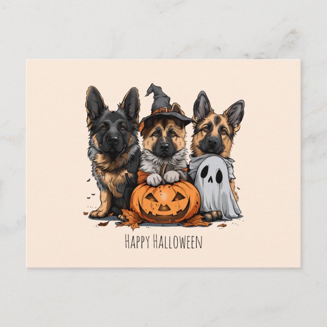 Cartão Postal Feliz Cachorros German shepherd de Halloween (Frente)