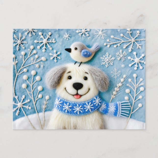 Cartão Postal Feliz Cão na Neve com Scarf e Pássaro (Frente)