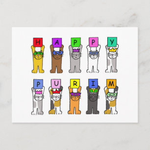 Cartão Postal Feliz Caricatura de Purim Gatos em Máscaras e Cha