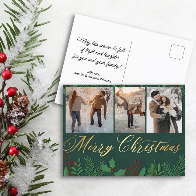 Cartão Postal feliz casal de colagem de três fotos verde ouro de (Criador carregado)