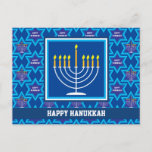 Cartão Postal 🕎 Feliz Chanucá, Menorah, cartão-postal personali<br><div class="desc">Feliz Hanukkah com Menorah em fundo azul. Totalmente personalizável.</div>