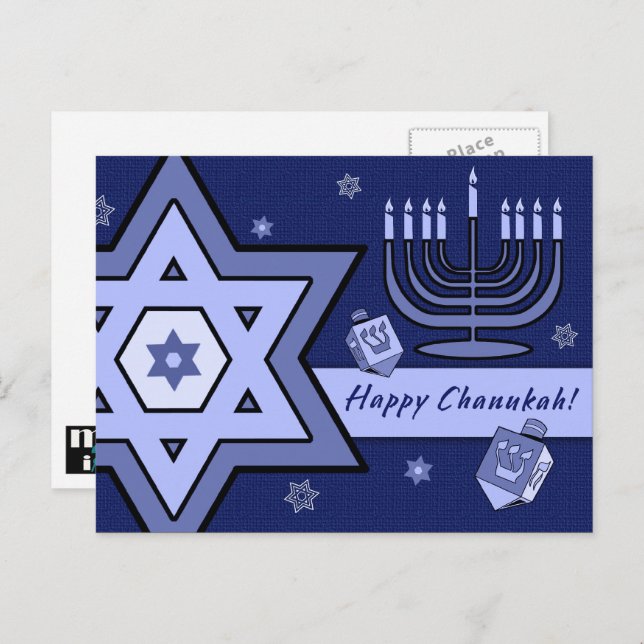 Cartão Postal Feliz Chanukah. Estrela de David, Menorah, Dreidel (Frente/Verso)