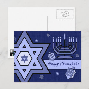 Cartão Postal Feliz Chanukah. Estrela de David, Menorah, Dreidel