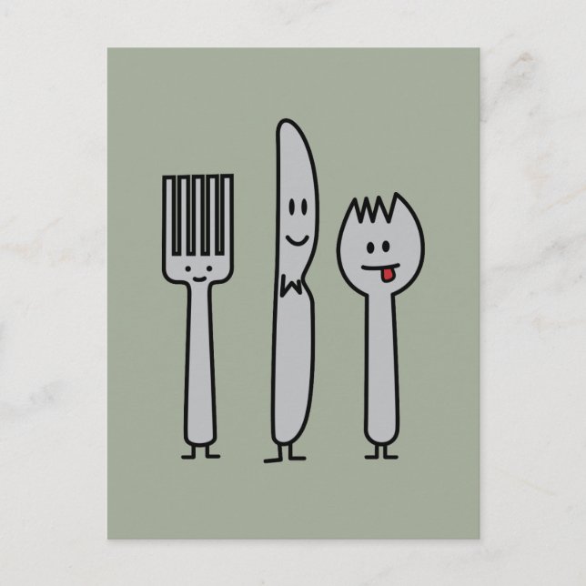 Cartão Postal Feliz Colher de Porcos de Cute Utensls Fork Knife (Frente)