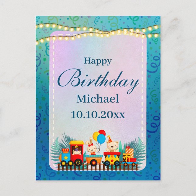 Cartão Postal Feliz Comboio De Aniversário Com Bichinhos (Frente)