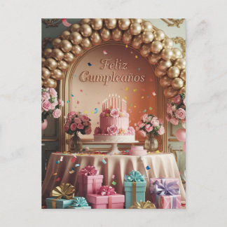 Cartão Postal “Feliz Cumpleaños” Elegante Aniversário Rosa e Dou