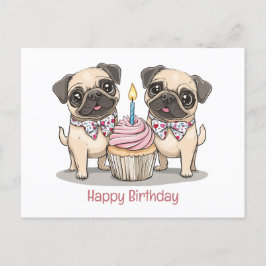 Cartão Postal Feliz Cupcake de Cães Pug de Aniversário