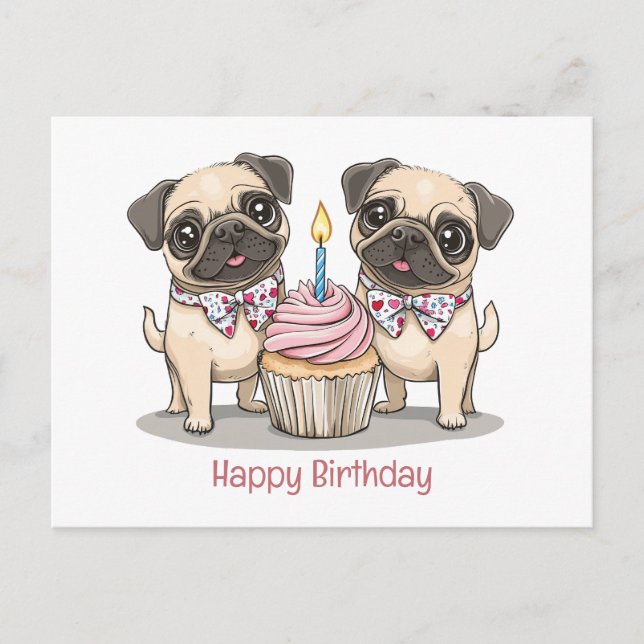 Cartão Postal Feliz Cupcake de Cães Pug de Aniversário (Frente)