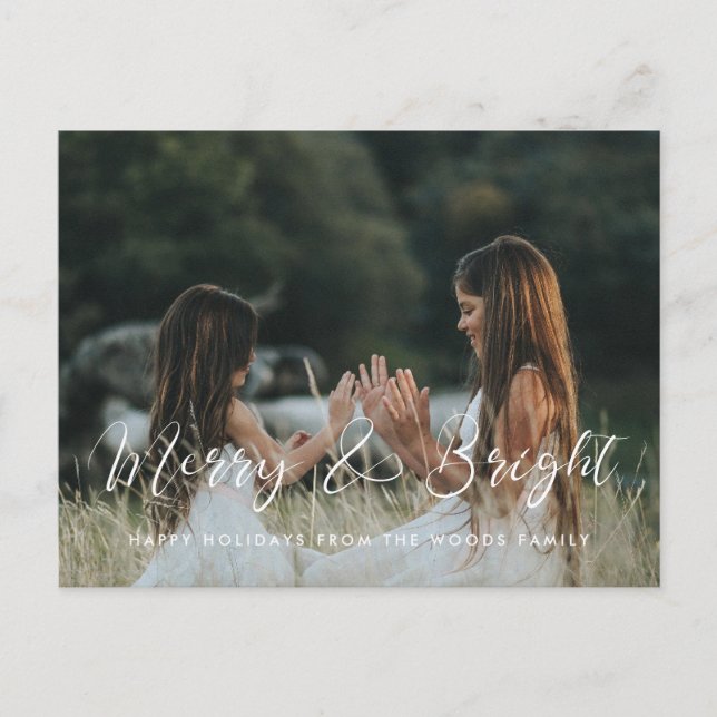 Cartão Postal Feliz de caligrafia elegante e fotografia de Natal (Frente)