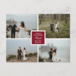 Cartão Postal Feliz de Colagem de Fotos Elegante e Casada<br><div class="desc">Cartão de Natal de casamento com quarto para quatro das suas fotos de casamento. Feliz e casado escrito contra burgundy profunda com uma bela ilustração de um galho de folhas. Adicione suas próprias fotos,  e no verso,  uma nota pessoal.</div>