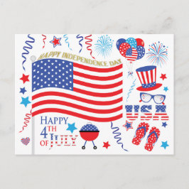 Cartão Postal Feliz Dia da Independência 4 de julho Vermelho Azu