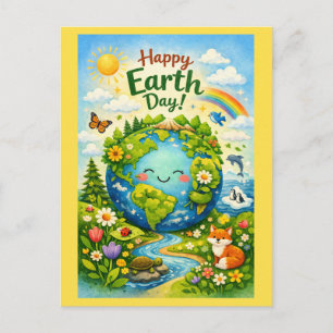 Cartão Postal Feliz Dia da Terra – Animais Fofos da Terra e da F