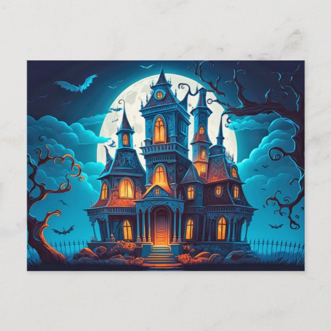 Cartão Postal Feliz Dia das Bruxas | Casa Assaltada Spooky (Frente)