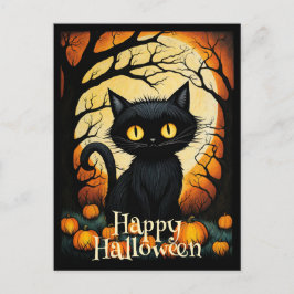 Cartão Postal Feliz Dia das Bruxas de Gato Negro