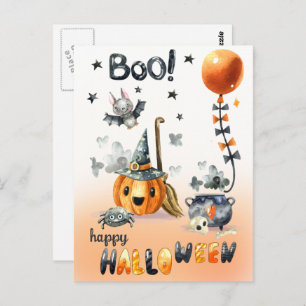 Cartão Postal Feliz Dia das Bruxas. Diversão Jack O'Lantern e Li