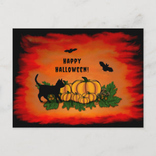 Cartão Postal Feliz Dia das Bruxas, Gato Negro, Bat e Abóbora