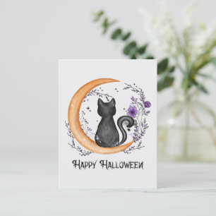 Cartão Postal Feliz Dia das Bruxas - Gato Negro na Lua Crescente