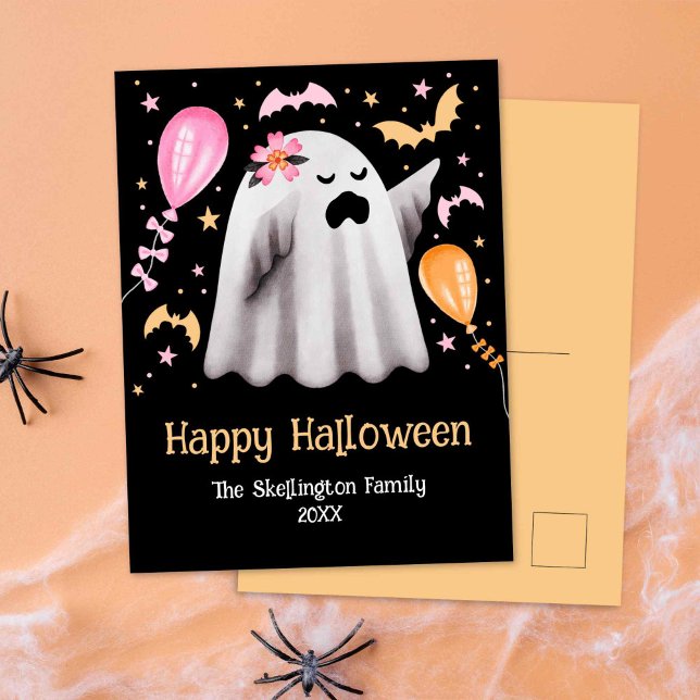 Cartão Postal Feliz Dia das Bruxas Ghost (Cute Ghost Happy Halloween Postcard)