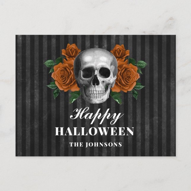 Cartão Postal Feliz Dia das Bruxas Rosas Pretos e Crânios Gótico (Frente)