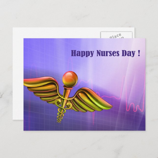 Cartão Postal Feliz Dia das Enfermeiras. Caduceus Médico (Frente/Verso)