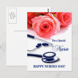 Cartão Postal Feliz Dia das Enfermeiras. Rosas e estetoscópio