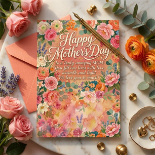 Cartão Postal Feliz Dia das Mães Lush Floral Cor-de-Rosa em Aqua