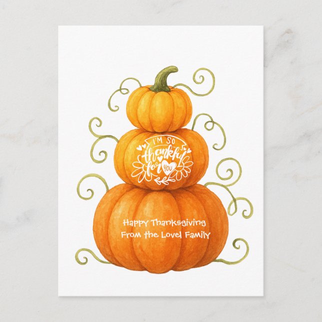 Cartão Postal Feliz Dia de Ação de Graças Abóboras Agradecidas (Frente)