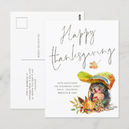 Cartão Postal Feliz Dia de Ação de Graças de Linda Hedgehog Scri