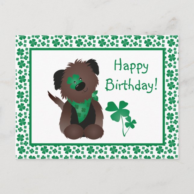 Cartão Postal Feliz Dia de Aniversário Cachorro Shamrock Verde (Frente)