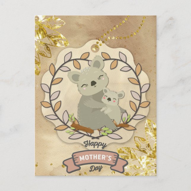 Cartão Postal Feliz Dia de as mães, Bonito, Urso Koala e Bebê (Frente)