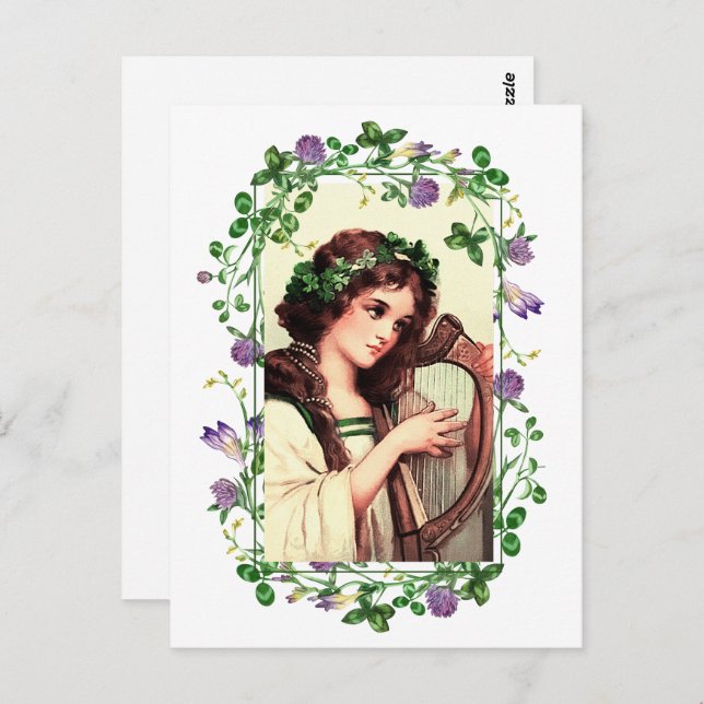 Cartão Postal Feliz Dia de São Patrício. Garota Irlandesa com Ha (Frente/Verso)