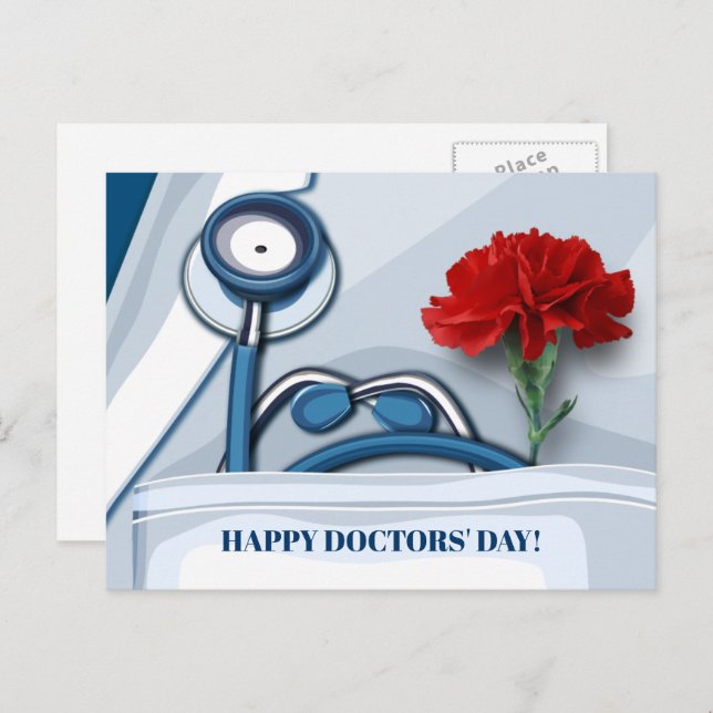 Cartão Postal Feliz Dia dos Médicos. Cravo Vermelho (Frente/Verso)