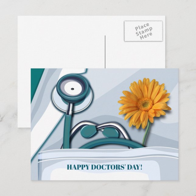 Cartão Postal Feliz Dia dos Médicos. Stethoscope e Daisy (Frente/Verso)