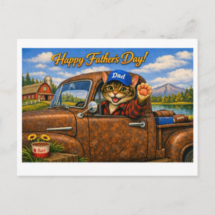 Cartão Postal Feliz Dia dos Pais Gato Pai em Caminhonete Antiga 