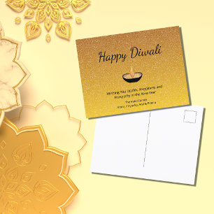Cartão Postal Feliz Diwali Glitter Dourado Lâmpada de Chama Diya