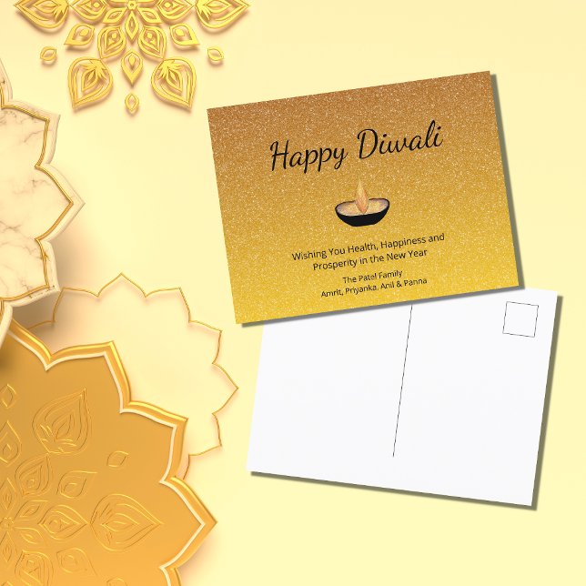 Cartão Postal Feliz Diwali Glitter Dourado Lâmpada de Chama Diya (Criador carregado)