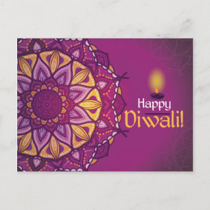 Cartão Postal Feliz Diwali roxos ornamentos rangoli