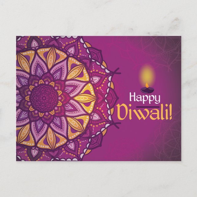 Cartão Postal Feliz Diwali roxos ornamentos rangoli (Frente)
