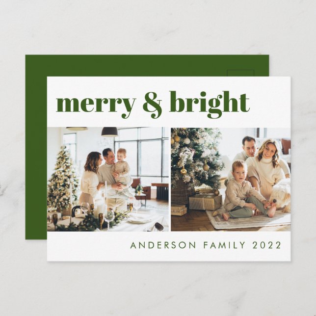 Cartão Postal Feliz e brilhante Natal Verde Minimalista (Frente/Verso)