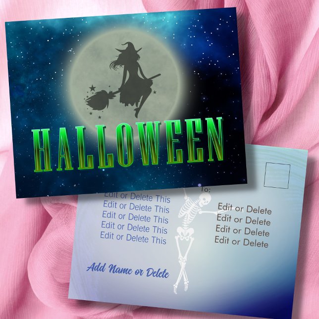 Cartão Postal Feliz esqueleto da lua das bruxas de Halloween (Criador carregado)