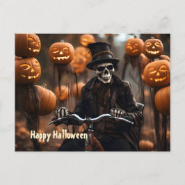 Cartão Postal Feliz esqueleto de Halloween, bicicleta moderna