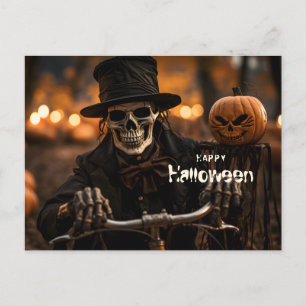Cartão Postal Feliz esqueleto de Halloween e abóbora