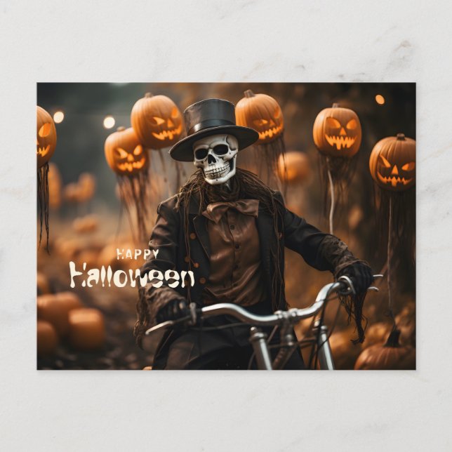 Cartão Postal Feliz esqueleto de Halloween e abóboras (Frente)