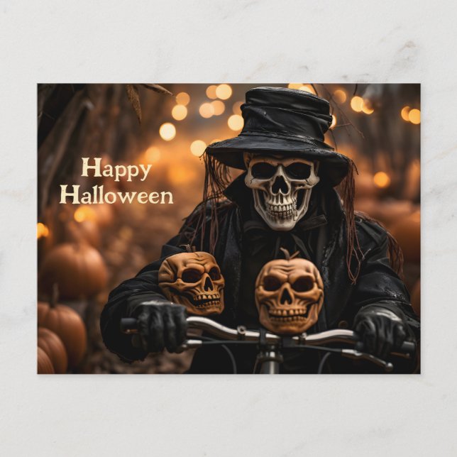 Cartão Postal Feliz esqueleto de Halloween num smoking vintado (Frente)