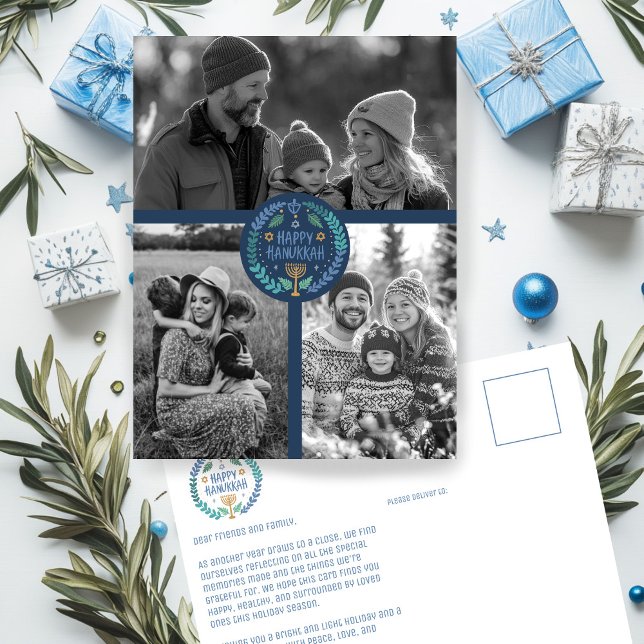 Cartão Postal Feliz Feriado de 3 FOTOGRAFIAS, Desenhado à Mão, e (Happy Hanukkah Hand-Drawn CUSTOM PHOTOS Holiday Postcard
)