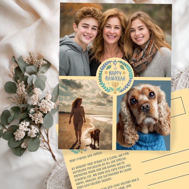 Cartão Postal Feliz Feriado de 3 FOTOGRAFIAS, Desenhado à Mão, e (Happy Hanukkah Hand-Drawn CUSTOM 3 PHOTO Holiday Postcard
)