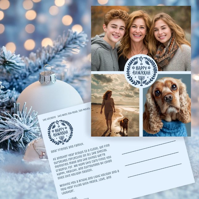 Cartão Postal Feliz Feriado de 3 FOTOGRAFIAS, Desenhado à Mão, e (Happy Hanukkah Hand-Drawn CUSTOM 3 PHOTO Holiday Postcard
)