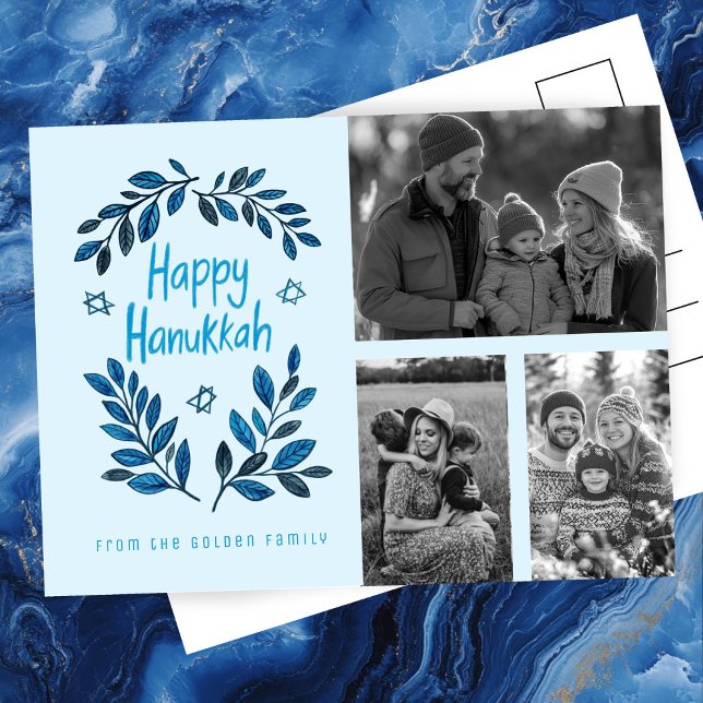 Cartão Postal Feliz Feriado de 3 FOTOS PERSONALIZADO em Hanukkah (Happy Hanukkah CUSTOM 3 PHOTOS Holiday Postcard
)