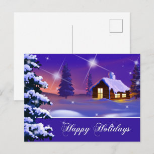 Cartão Postal Feliz Férias. Pintura da Vila Snowy de Natal